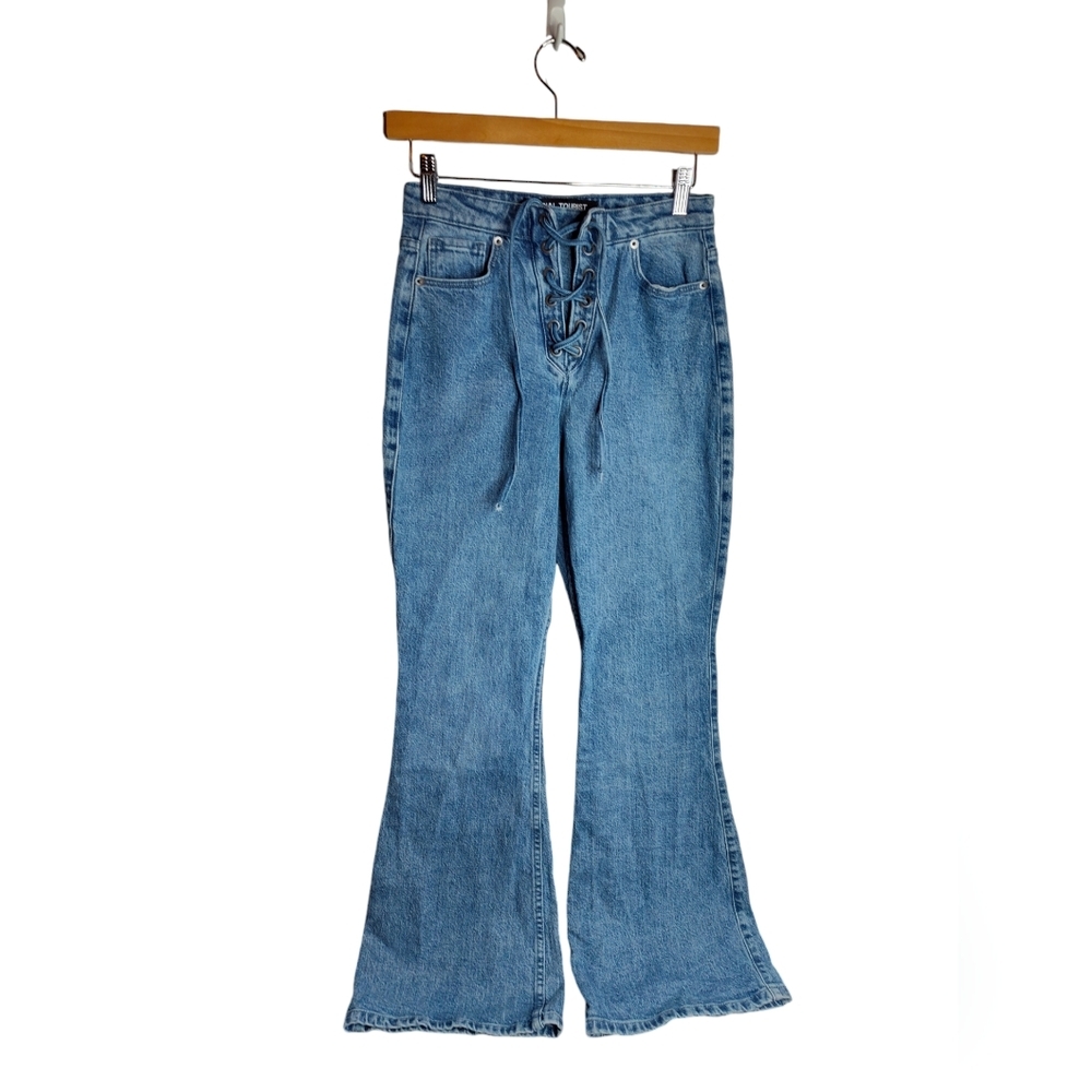 Social Tourist Ultra High Rise Flare Lace Up light wash denim size 26 festival